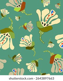 Fundo sem costura com flores vintage boho e pétalas bonitas. Pastel cores e texturas para papel de parede ou capas.