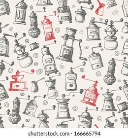 Seamless background with vintage coffee mills. Can be used for wallpaper, pattern fills, textile, web page background, surface texture