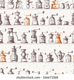 Seamless background with vintage coffee mills. Can be used for wallpaper, pattern fills, textile, web page background, surface texture