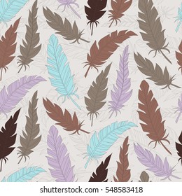 Seamless background vintage colored feathers. Pattern.