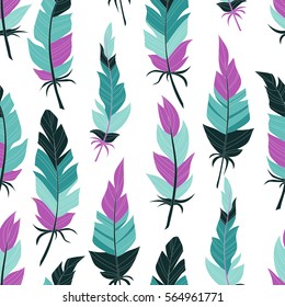 Seamless background vintage colored feathers. Pattern.