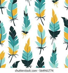 Seamless background vintage colored feathers. Pattern.