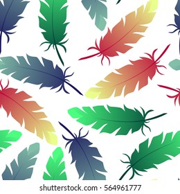 Seamless background vintage colored feathers. Pattern.