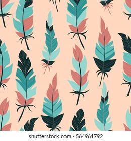 Seamless background vintage colored feathers. Pattern.