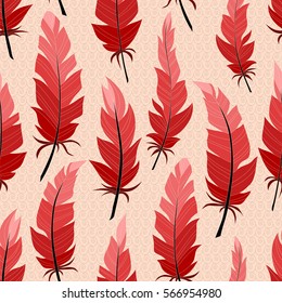 Seamless background vintage colored feathers. Pattern.