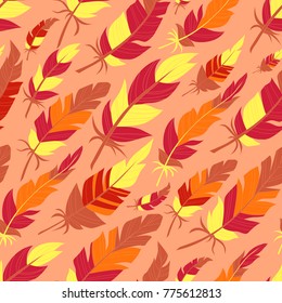 Seamless background from vintage of colored feathers. Pattern