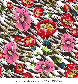 Seamless background with vintage flowers and skin of the tiger.