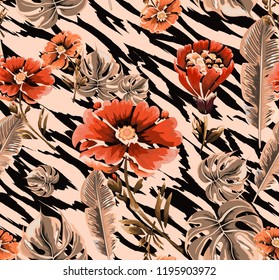 Seamless background with vintage flowers and skin of the tiger.