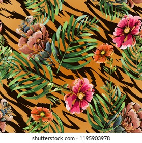 Seamless background with vintage flowers and skin of the tiger.