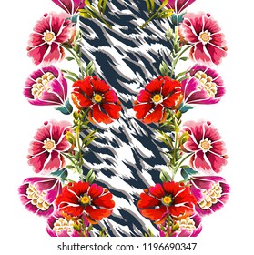 Seamless background with vintage flowers and skin of the tiger.