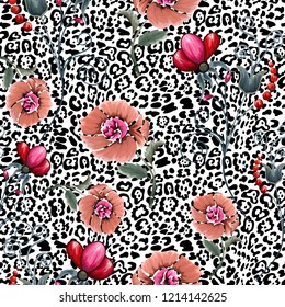 Seamless background with vintage flowers and skin of the leopard