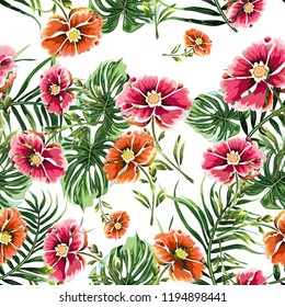 Seamless background with vintage flowers and tropical leaves