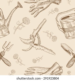Seamless background with vintage garden tools and flowers