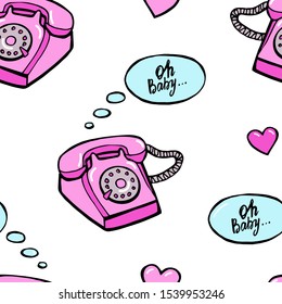 Seamless background with vintage phone. Love pattern