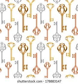 Seamless background with vintage skeleton keys with pearls
