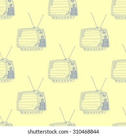 Seamless background vintage tv set on yellow background. Vector illustration 