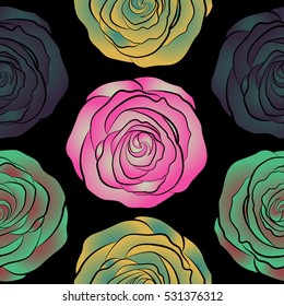 Seamless background in violet, yellow and green roses. Vector seamless background with colored spots.