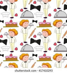 Seamless background  with waiter serving food illustration