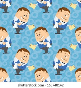 Seamless background with Waiters with menu, cartoon characters on blue background with abstract pattern. Vector