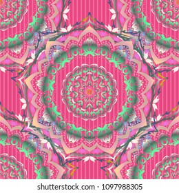 Seamless background. Wallpaper baroque, damask. Beige, pink and blue ornament. Floral seamless pattern.