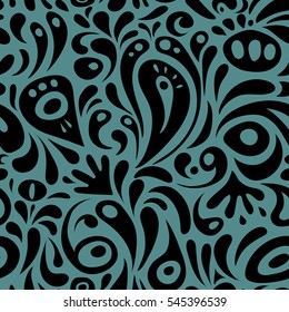 Seamless background. Wallpaper baroque, damask. Blue and black ornament. Floral seamless pattern.