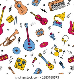 Seamless background for wallpaper and fabric. Music instruments icons. Hand drawn vector