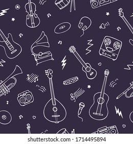 Seamless background for wallpaper and fabric. Music instruments icons. Hand drawn vector