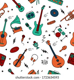 Seamless background for wallpaper and fabric. Music instruments icons. Hand drawn vector