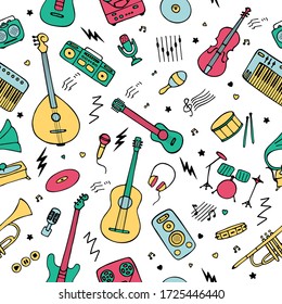 Seamless background for wallpaper and fabric. Music instruments icons. Hand drawn vector