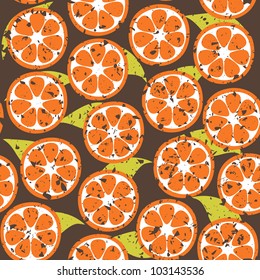 Seamless background wallpaper with many orange fruits, leaves and grunge texture, vector pattern