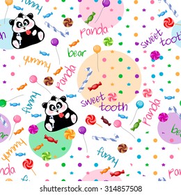 Seamless background Wallpaper on package holiday, funny Panda bear with chocolates and candy canes, colored air balloons.Seamless background for holiday.