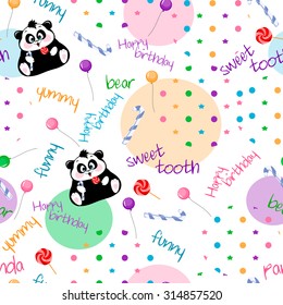 Seamless background Wallpaper on package holiday, funny Panda bear with candy, colored air balloons.Seamless background for holiday.