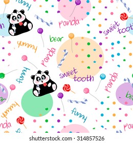 Seamless background Wallpaper on package holiday, funny Panda bear with candy, colored air balloons