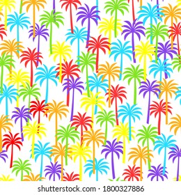 Seamless background wallpaper pattern of rainbow palm tree silhouettes
