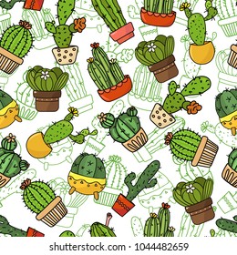 Seamless background, wallpaper, texture, backdrop cartoon cacti. Collection of vector doodle illustrations. Template for printing, web design, packaging, cover, postcard, advertising. Cactus in pots
