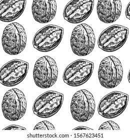 seamless background with walnut. Hand drawn vector illustration on the white background. Organic food.