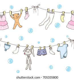 Seamless background of washed baby clothes in vector