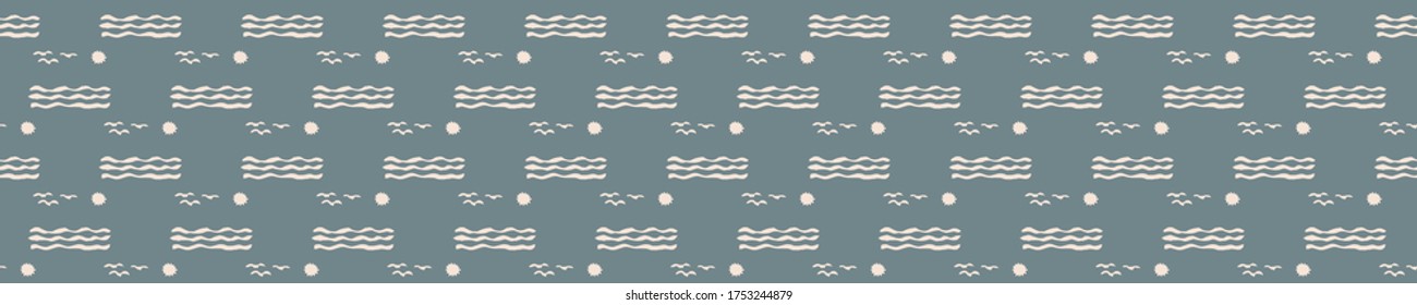 Seamless background water beach  banner. Gender neutral baby border pattern. Simple whimsical minimal earthy 2 tone color. Kids nursery edging or boho nature fashion ribbon trim.
