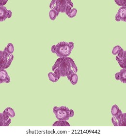Seamless background from watercolor brush drawings of old soft toys pink cute teddy bears