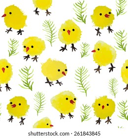 Seamless background with watercolor chickens and grass. Happy Easter day vector pattern. Perfect for greetings, invitations, manufacture wrapping paper, textile, web design.