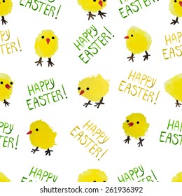 Seamless background with watercolor chickens and lettering. Happy Easter day vector pattern. Perfect for greetings, invitations, manufacture wrapping paper, textile, web design.