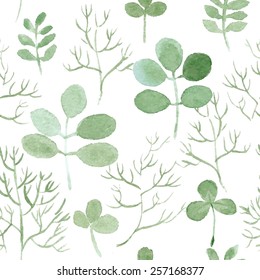 seamless background with watercolor clover and other grass. vector pattern for St. Patrick's Day.