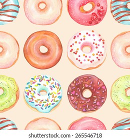 Seamless background of watercolor colorful donuts glazed.