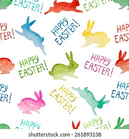 Seamless background with watercolor colorful rabbits and lettering. Happy Easter day vector pattern. Perfect for greetings, invitations, manufacture wrapping paper, textile, web design.