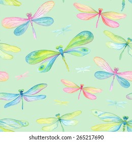 Seamless background of watercolor dragonflies blue, pink, green and turquoise colors.