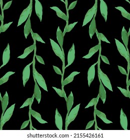 Seamless background from watercolor drawings delicate twigs with green leaves