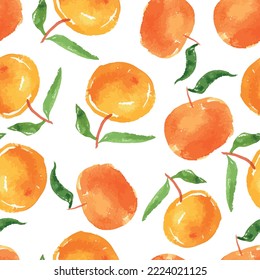 Seamless background of watercolor drawings ripe orange mandarins with green leaves