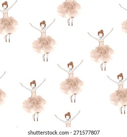 Seamless background with watercolor elegant ballet dancers. Hand painted elements. Decorative pattern for web, wallpaper, textile, clothing, fabric, scrapbook, stationery, home decor.