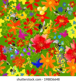 seamless background of watercolor flowers and bee. Vector