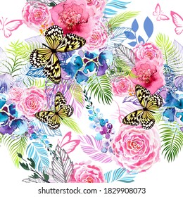 Arrière-plan harmonieux de fleurs à l'aquarelle. Impression florale avec papillons. Illustration vectorielle